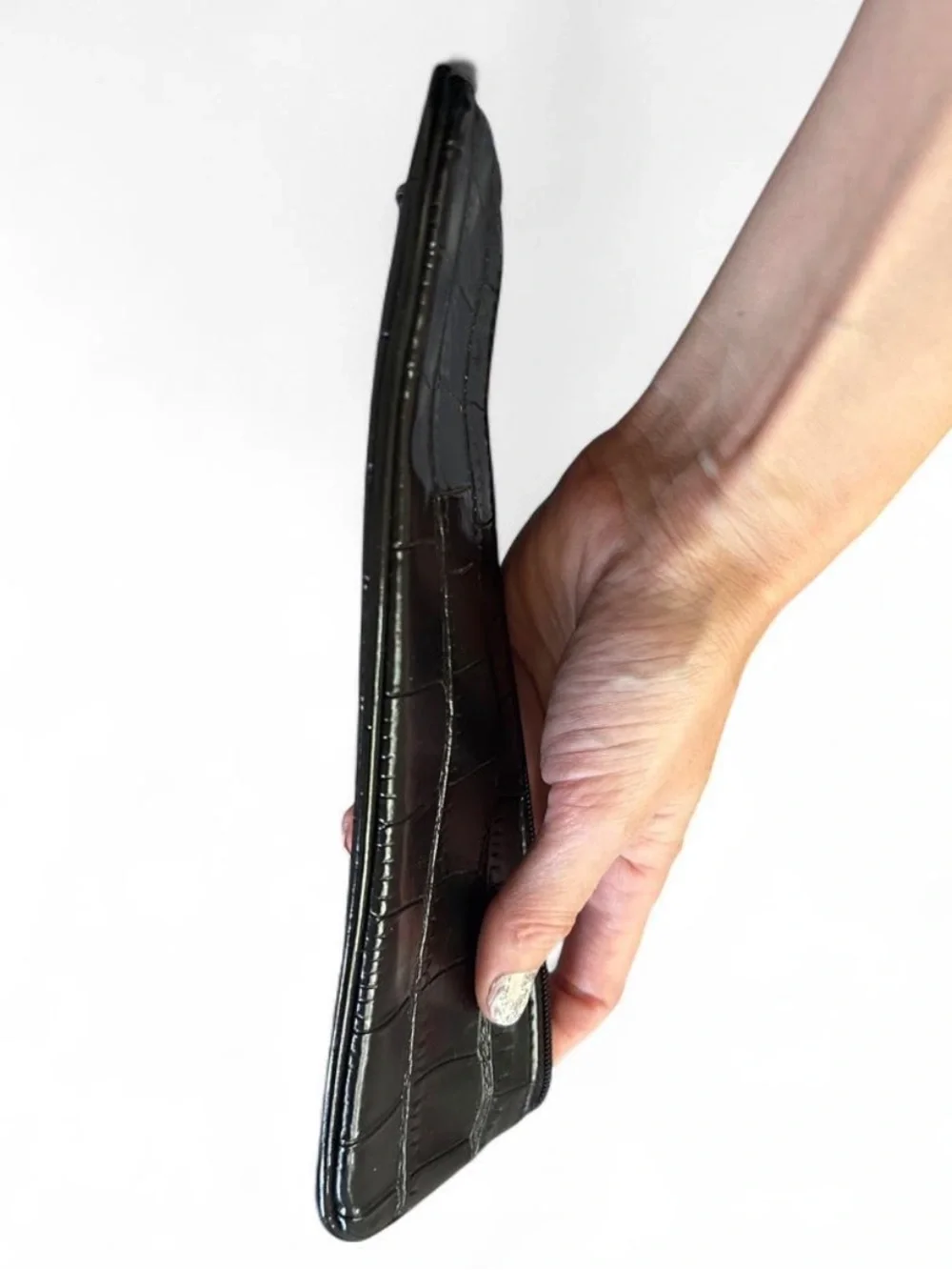 Croc-Embossed Olive Patent Wristlet Pouch